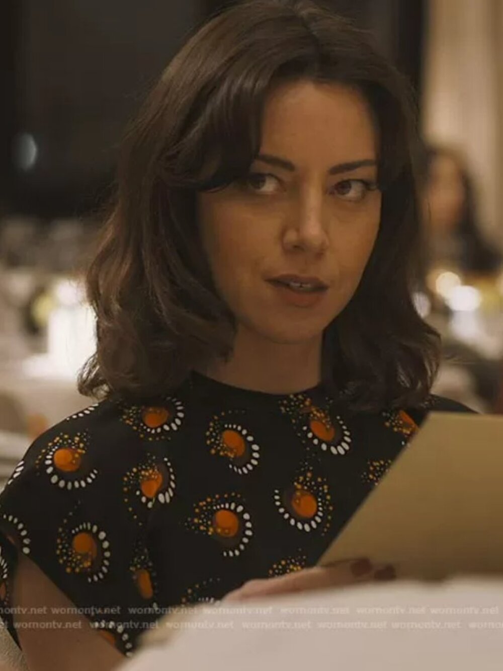 Paco Rabanne Black Printed Jersey Gathered Top ASO Aubrey Plaza White Lotus